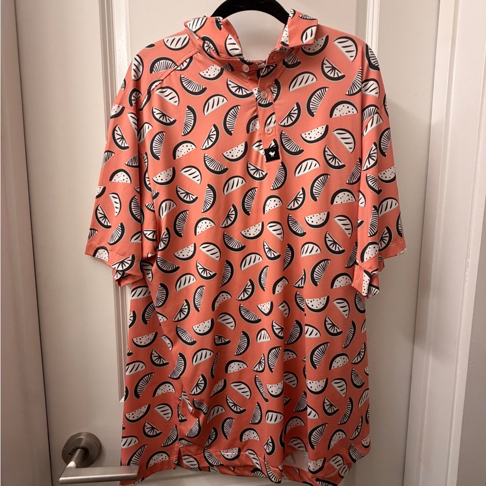 Bad Birdie Coral Polo with Black & White Fruit Print